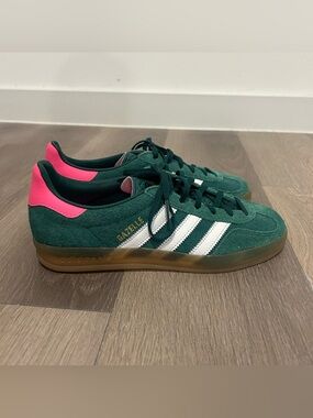 Adidas Originals Gazelle Green Suede Sneakers with White Stripes and Pink Heel